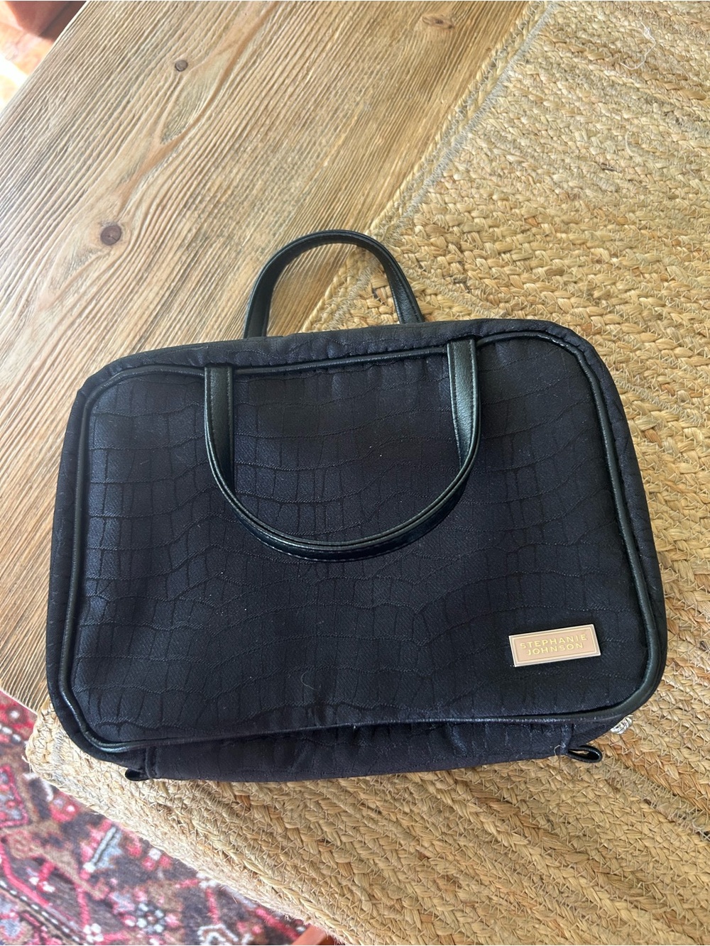 Stephanie Johnson Black Croc-Embossed Travel Toiletry Bag with Top Handles